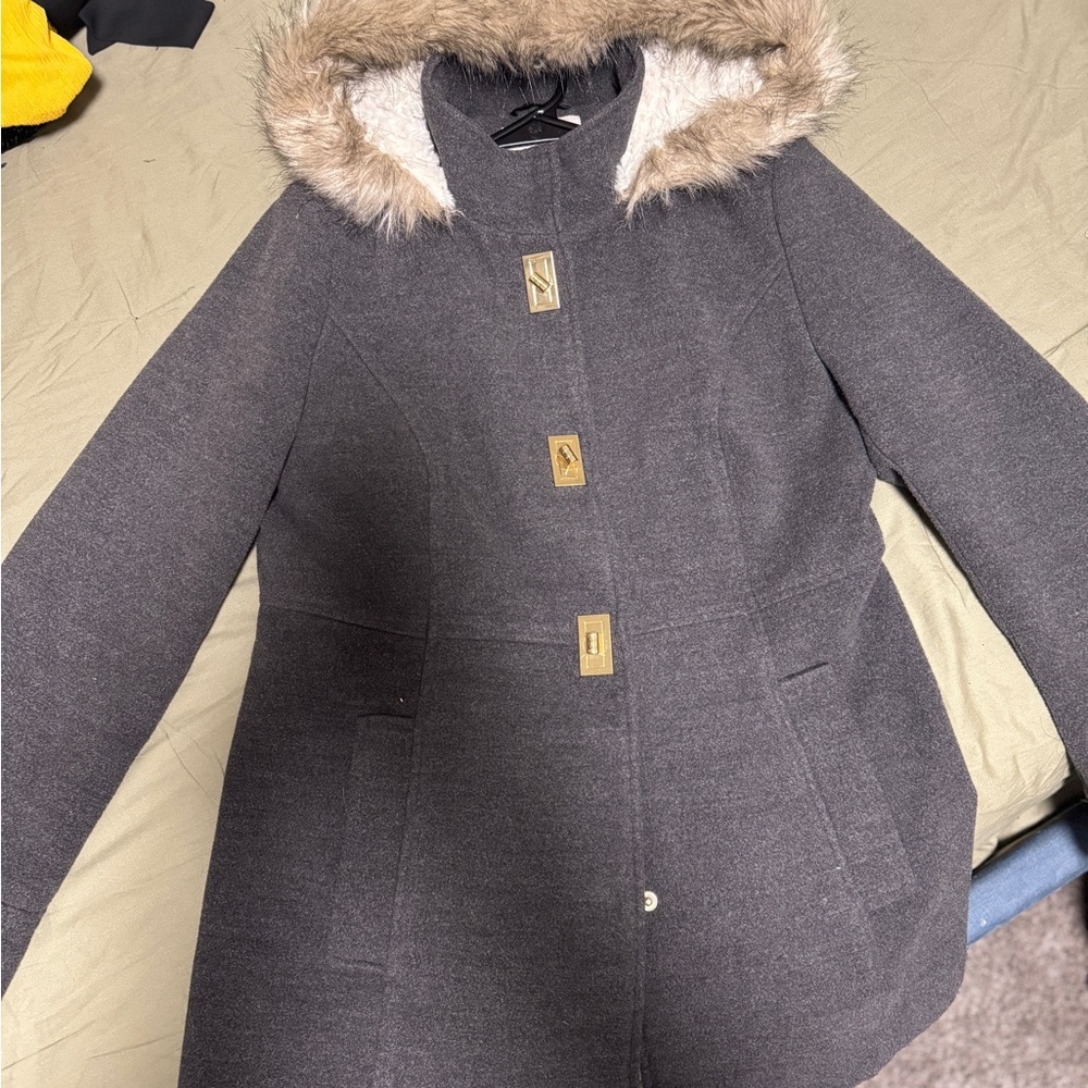 Women's Gray Hooded Coat with Faux Fur Trim